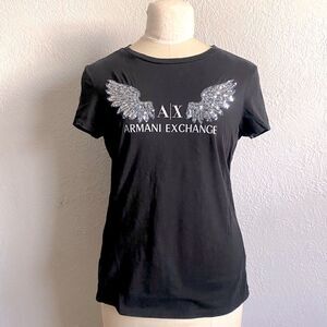 Vintage Armani Exchange Black T-Shirt Y2k Black With Sequins Size Large